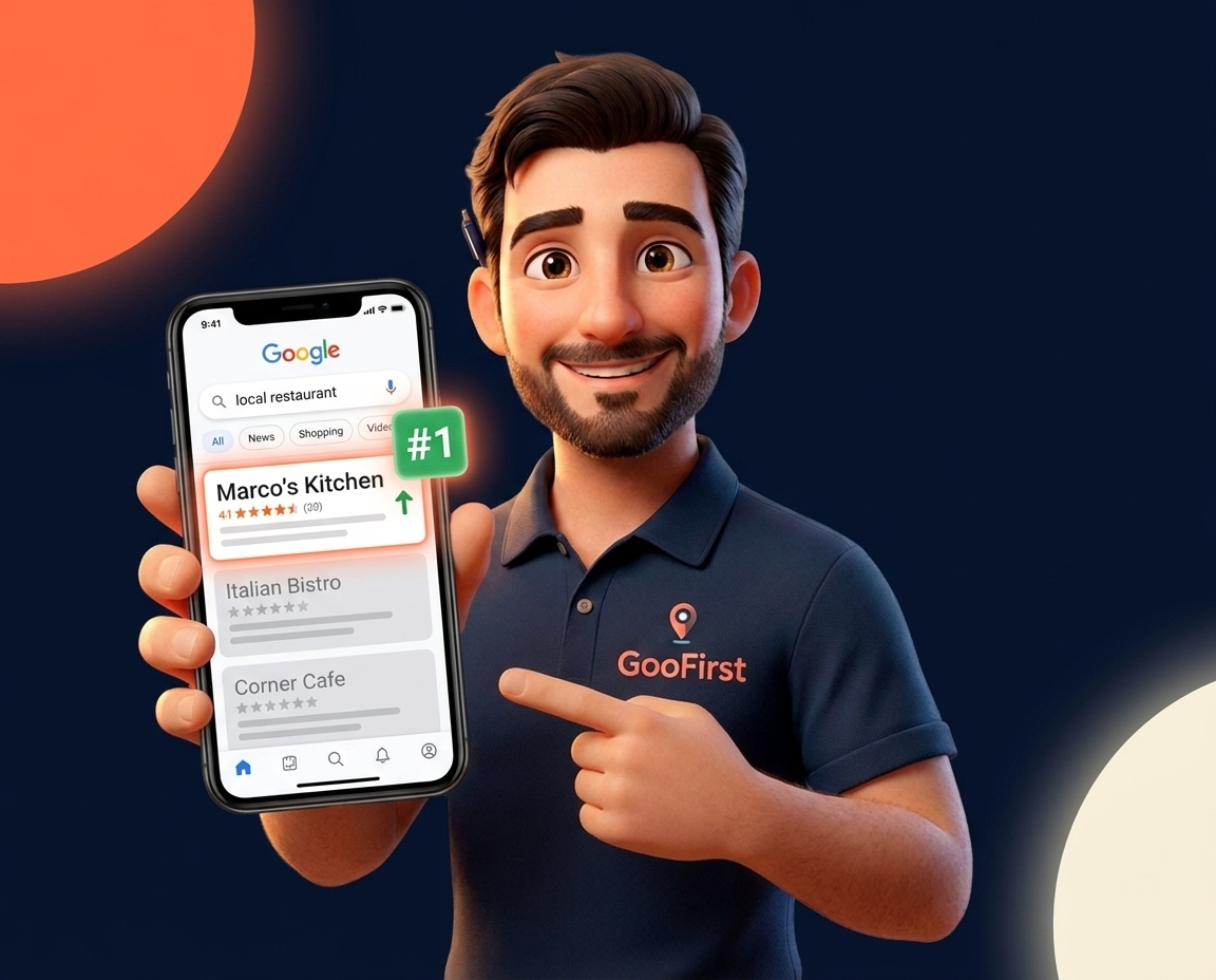 Marco, la mascotte GooFirst, montre un classement Google n°1 sur son téléphone